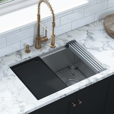 Ruvati 27-inch Workstation Slope Bottom Offset Drain Undermount 16 Gauge Kitchen Sink - RVH8573 - 27 x 19