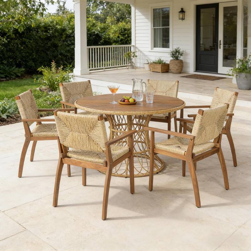Christopher Knight Home - Estra Outdoor Round Acacia Wood Woven Dining Table with Wicker Pedestal Base, for 4 - 6 Seating