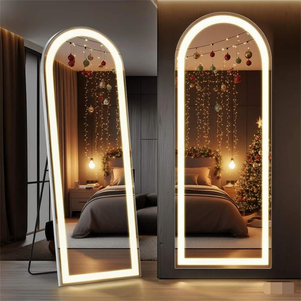 Arched Full Length Mirror with LED Lights, 26"x71" Lighted Floor Mirror with Dimming & 3 Color Lighting, Stand - 26*71