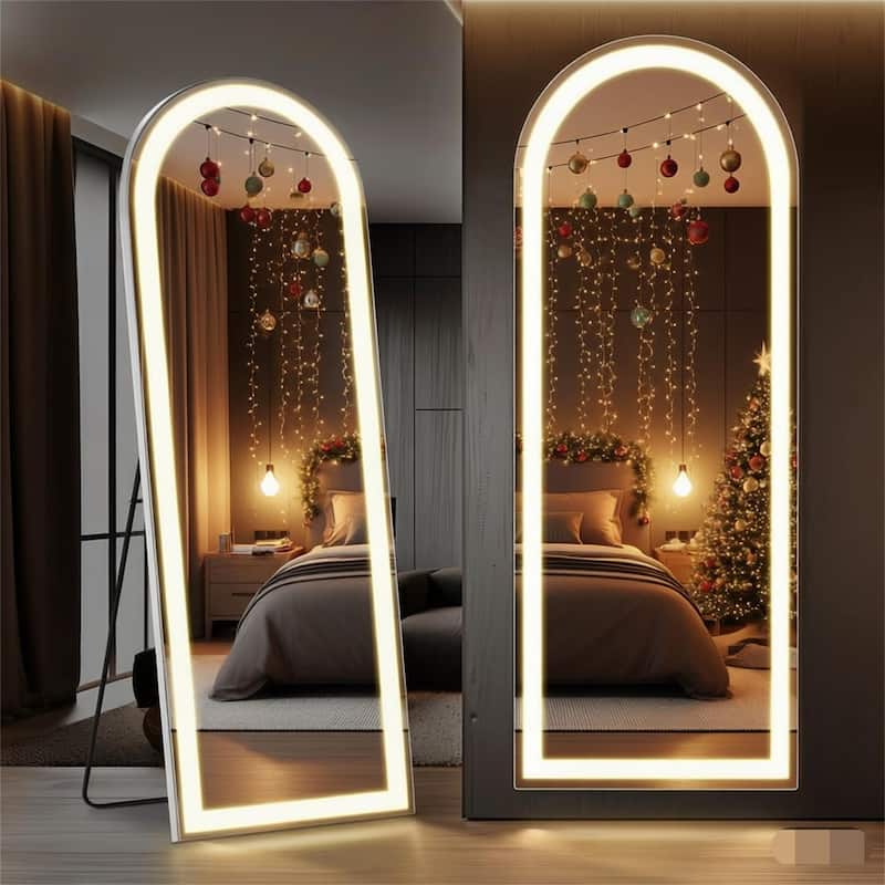 Arched Full Length Mirror with LED Lights, 26"x71" Lighted Floor Mirror with Dimming & 3 Color Lighting, Stand - 26*71 - 26*71