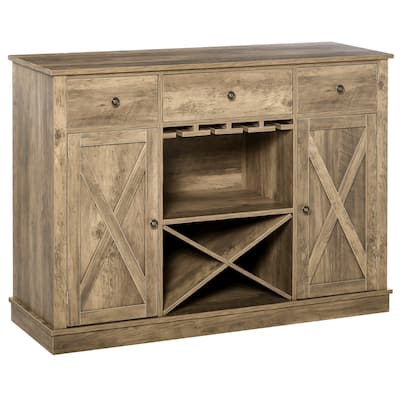 Farmhouse Coffee Bar Cabinet, Wine Cabinet with 3 Drawers, Sideboard Buffet Cabinet with X-Shaped Wine Rack and Stemware Holder