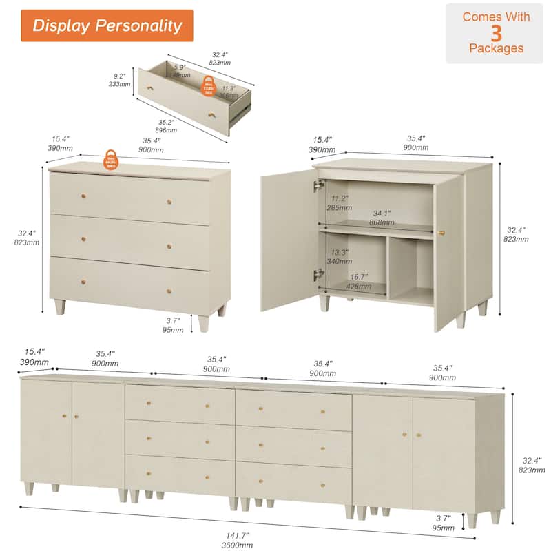Wood Dresser with 6 Drawers and 2 Cabinets for Bedroom, 142" Wide