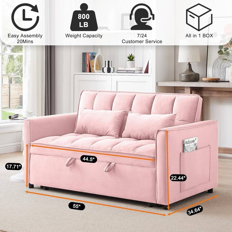 3 in 1 Convertible Sleeper Sofa Bed, Futon Couches for Living Room with Side Pocket, Adjustable Backrest