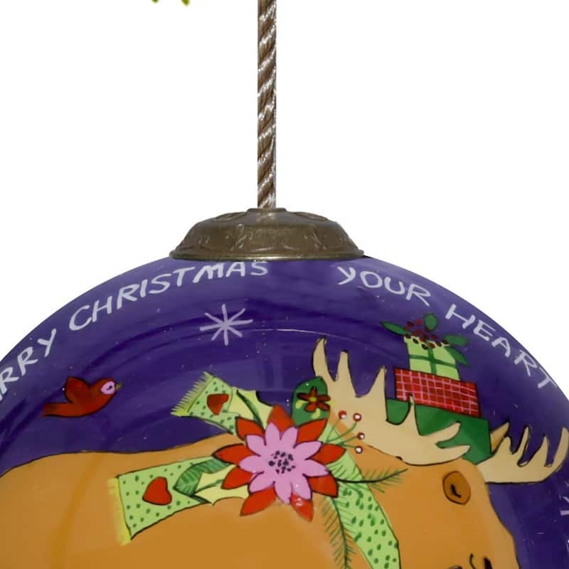 Christmas Moose Walking Hand Painted Mouth Blown Glass Ornament - 3"x 3" x 3"