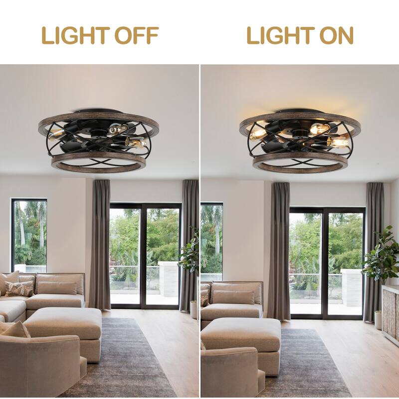 CurveCurio 18" Drum Farmhouse Wood Ceiling Fan, Wood Fan Light with Metal Accents, 4 Light 3 Fan Speed w Remote Control