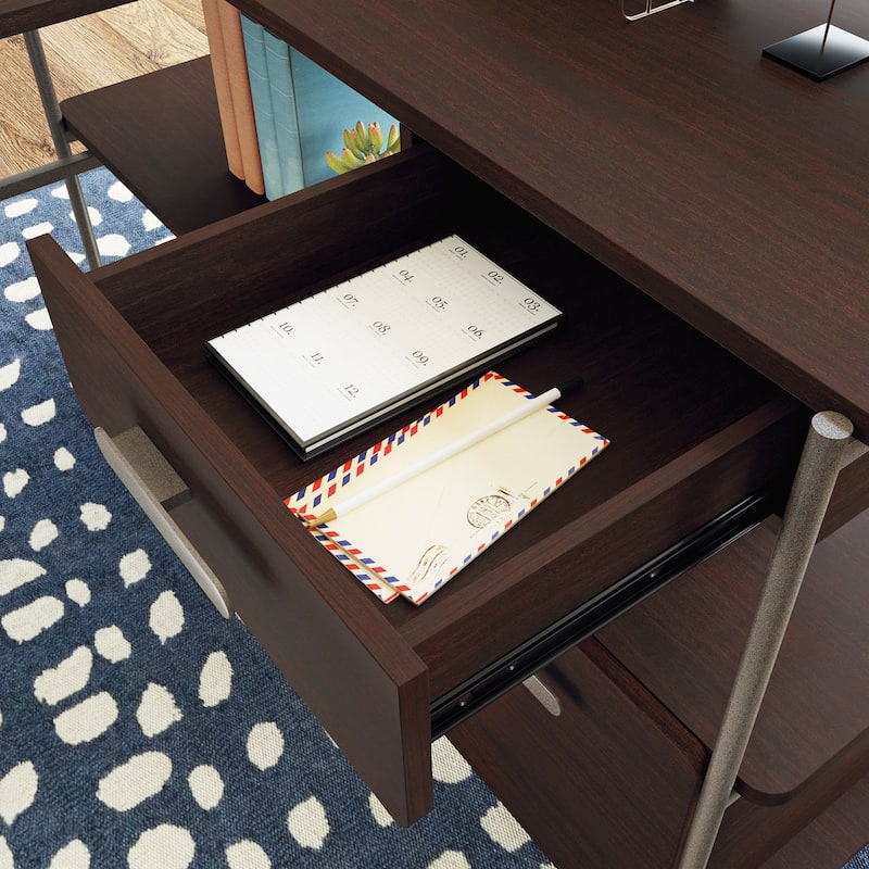 Wood L-Shaped Desk with 2 smooth-glide Drawers, Brown