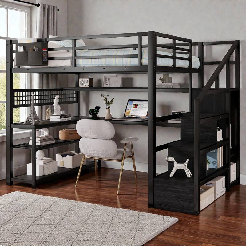 Full Size Metal Loft Bed with Staircase Storage, Wardrobe, Desk, Shelves, LED Lights and Charging Station