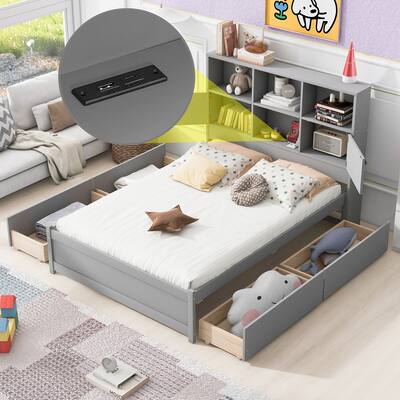 Full Size Platform Bed with Storage Headboard, Charging Station and 4 Drawers