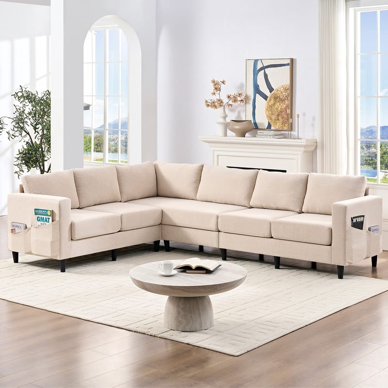 Mixoy 108" Linen Oversized Modular Sectional Sofa,L-Shaped Sectional Sofas with Side Pocket,Large 6 Seater Corner Sofa - Beige - Symmetrical