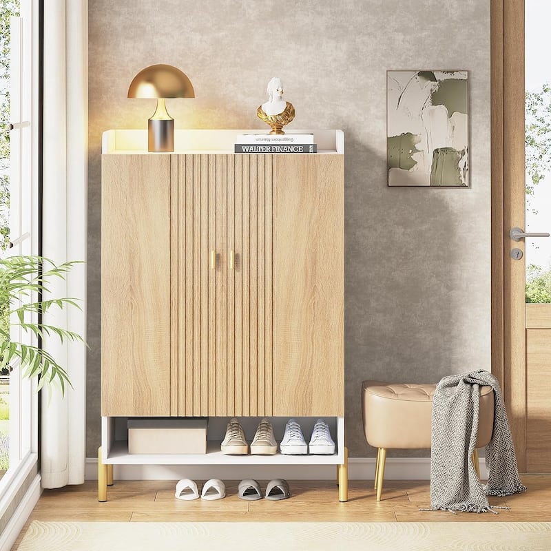 6 Tiers Shoe Cabinet Storage, Freestanding Wood Shoe Rack with Doors - 6-Tier