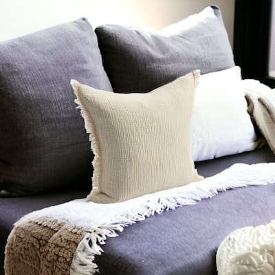 HomeRoots 20" X 20" Cream Cotton Zippered Down Pillow With Fringe