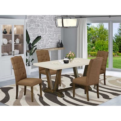 HomeStock 5-Piece Rectangle Distressed Jacobean Finish Solid Wood Top Dining Table with 4 Upholstered-Chairs with Lattice Back