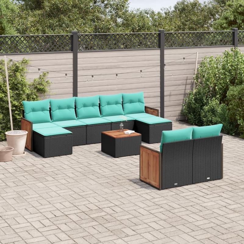 vidaXL 9 Piece Patio Sofa Set with Cushions Black Poly Rattan - 21.7x27.2x24.4-With table