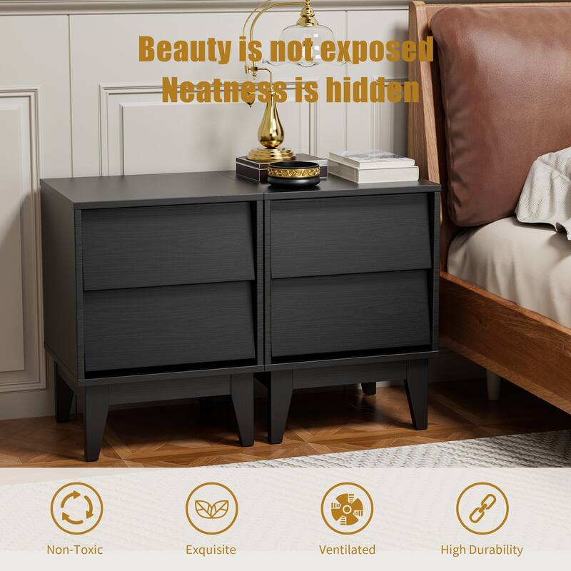 Set of 2 Mid-Century Modern MDF Nightstands, Bedside Storage Cabinet with Hidden Drawer Pulls, Side Table with Solid Wood Legs
