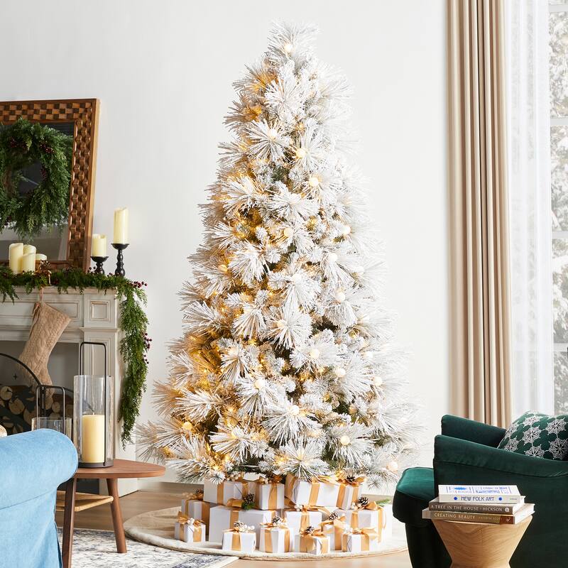 Glitzhome 7.5FT/9FT Pre-Lit Flocked Full Snowy Globe Pine Artificial Christmas Tree with Foot Switch