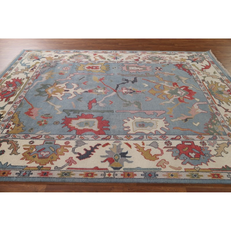 Blue Oushak Area Rug Hand-Knotted Floral Wool Carpet - 8'2" x 10'0"