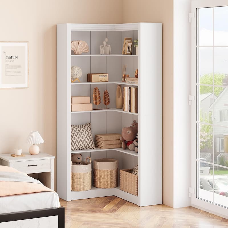 71.8" Tall Corner Bookshelf, 5-Tier L-Shaped Corner Bookcase, Modern Industrial Wood Display Storage Shelves for Living Room