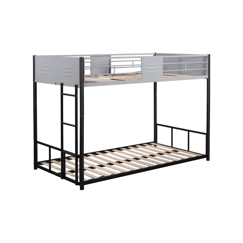 Durable Twin Over Twin Metal Bunk Bed with Guardrail and Vent Board