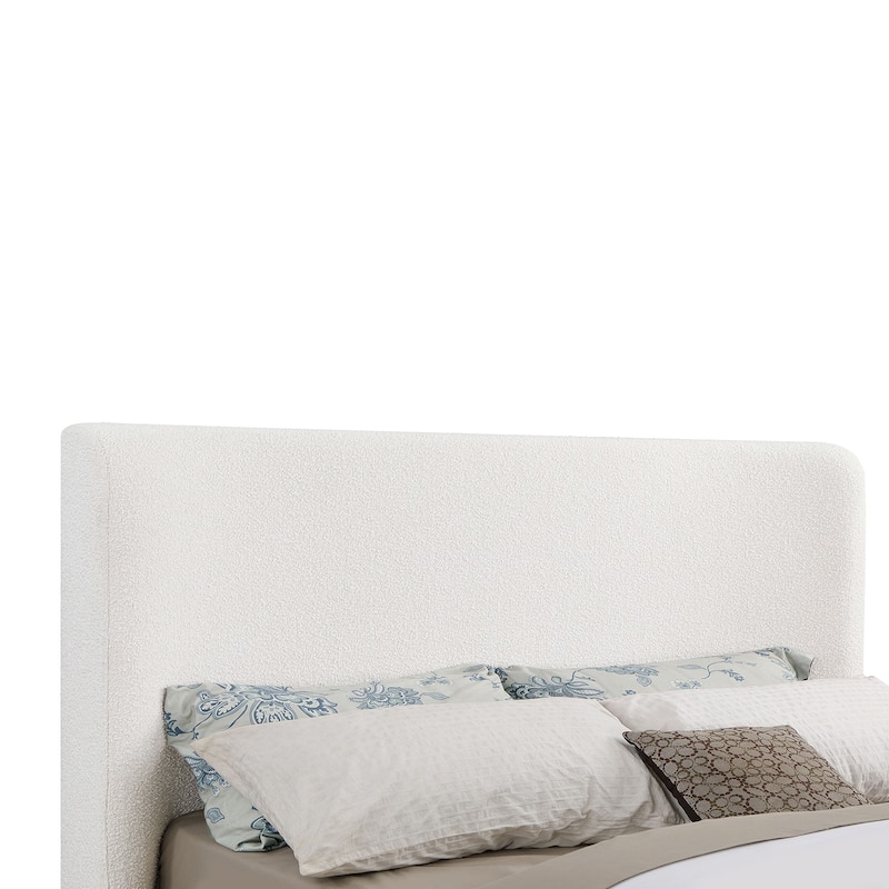 Upholstered Sleigh Bed with Wood Finish Trim in Cream