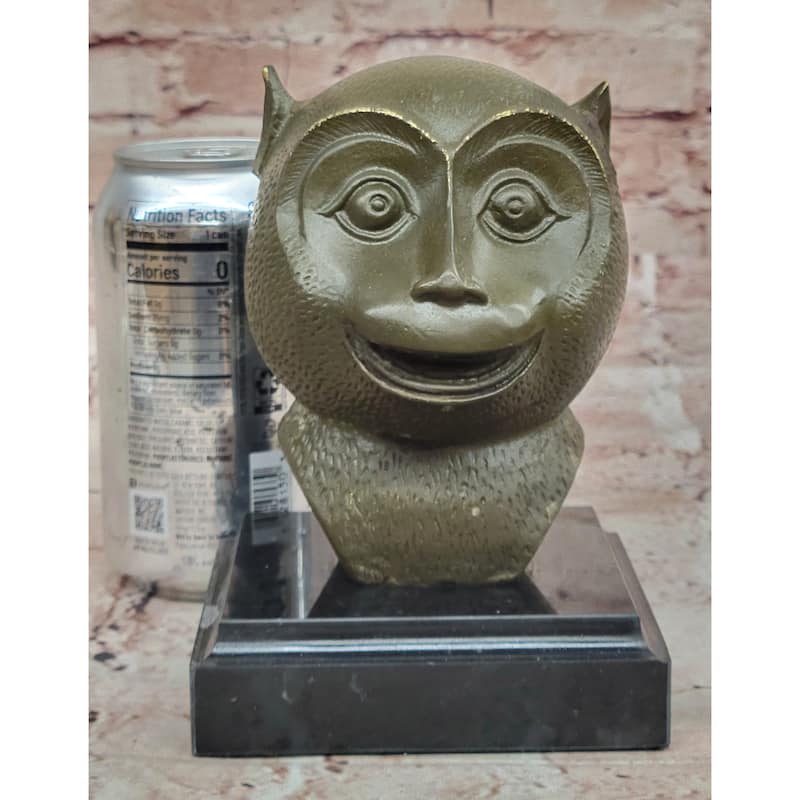 Abstract Bronze Primate Sculpture – Smiling Monkey Bust On Marble Base
