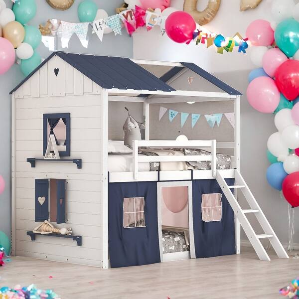 slide 2 of 34, Full over Full Wood Bunk Bed With Elegant Windows,Sills and Tent for Bedroom Blue+White