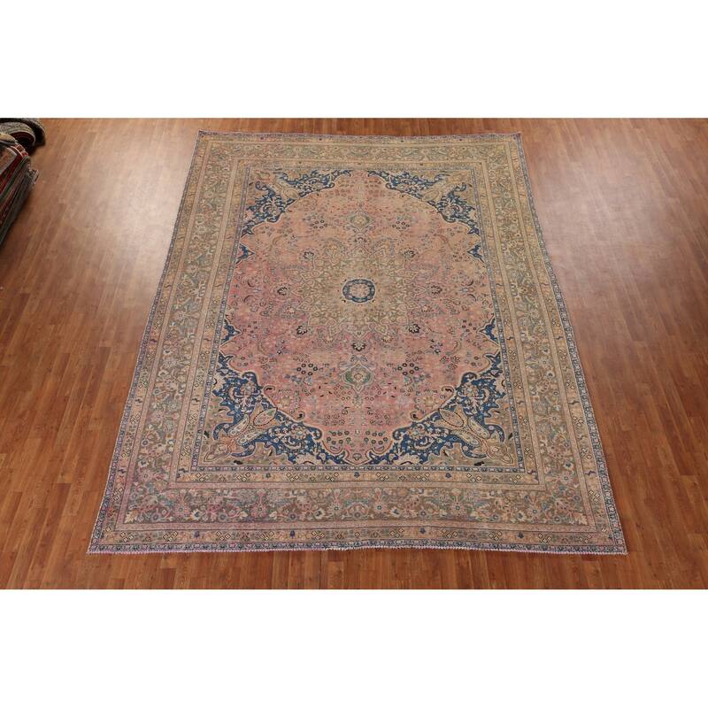 Distressed Mashad Persian Vintage Area Rug Hand-Knotted Wool Carpet - 9'7" x 12'7"