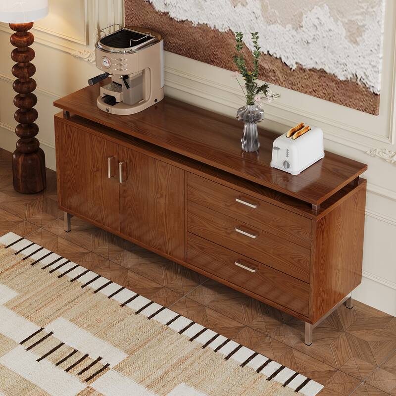59'' Sideboard Buffet Cabinet With Metal Legs, 3 Wood Drawers And 2-Door Storage Cabinet