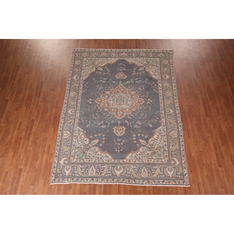 Gray Blue Tabriz Persian Vintage Area Rug Hand-Knotted Wool Carpet - 8'0"x 10'7"