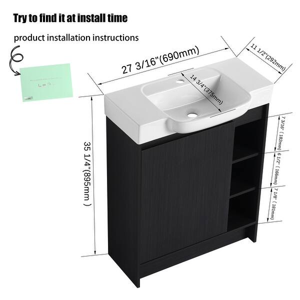 dimension image slide 2 of 3, Jentoria 28" Bathroom Vanity with Sink, Mini FreeStanding Bathroom Vanity with Soft Close Door and Adjustable shelf