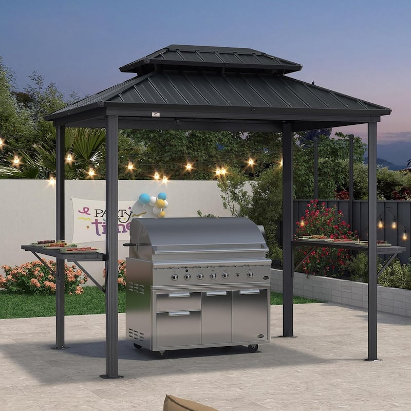 PURPLE LEAF Hardtop Grill Gazebo Galvanized Steel Roof Outdoor BBQ Canopy with Ceiling Hook and Shelves - 6ft x 8ft - Grey