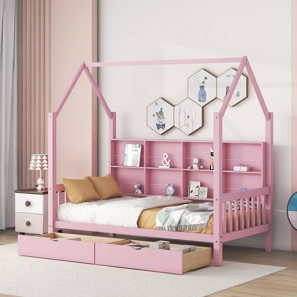 slide 2 of 39, Modern Wooden House Bed Frame, Storage Shelves and Roof, Montessori Platform Bed for Kids Teen Pink - Drawers/Twin - Twin