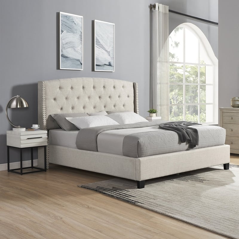 3-Piece Upholstered Bedroom Set, Tufted Wingback Bed with Two Nightstands - Gray/White - 3 Piece - Grey