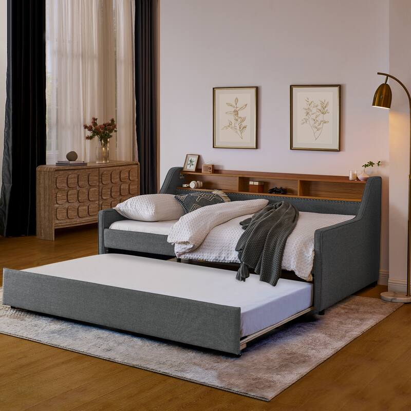 Roomfitters Twin Upholstered Daybed with LED Headboard Storage, Foldable-Leg Trundle & Wireless Charging