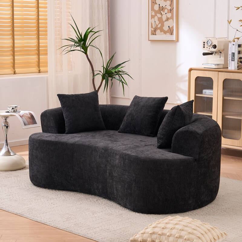 Chenille Crescent-Shaped Loveseat Sofa, High-Resilience Foam Filled 3-Seater Sofa, Upholstered Floor Sofa with Pillows