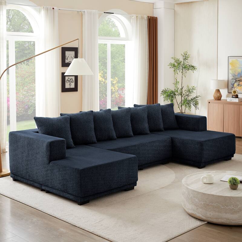 Blue Chenille U-Shaped Sofa Set, Modular Cloud Couch, 128x61x35 inches, 227 lbs
