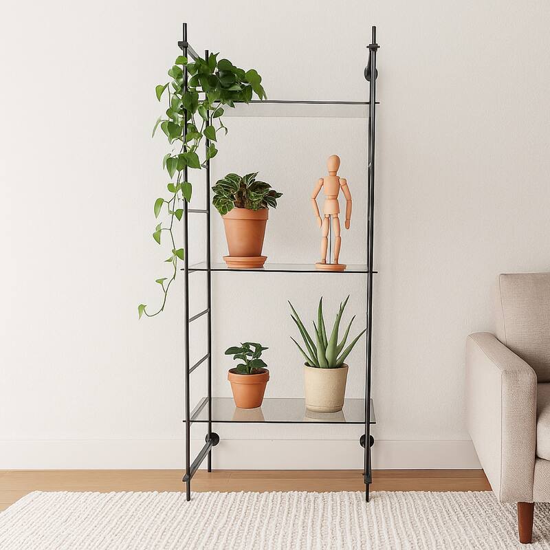 Plant Display Stand, 87 Inch, 3 Shelves Black Metal Ladder Design