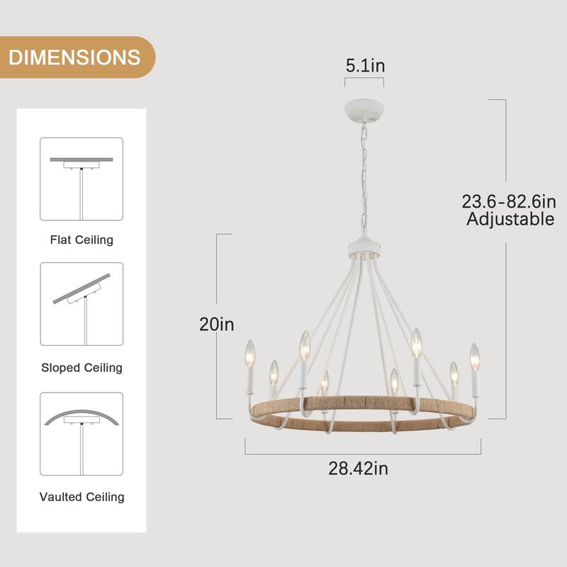 8-Light Hanging Candlestick Wagon Wheel Chandelier Hemp Rope Linear Chandelier Lighting for Kitchen Island