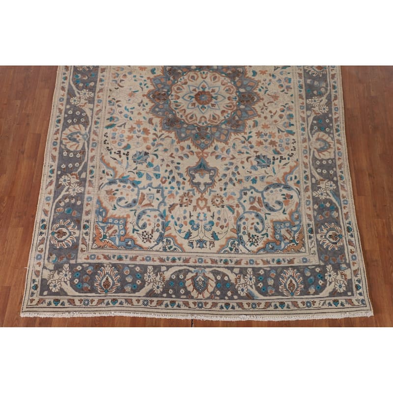 Ivory Floral Tabriz Persian Vintage Rug Handmade Wool Carpet - 6'4"x 9'6"