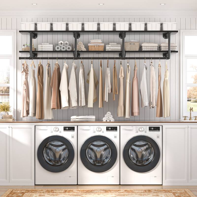 Floating Pipe Heavy-Duty Garment Rack, Wall-Mounted Closet Organizer with Storage Shelves
