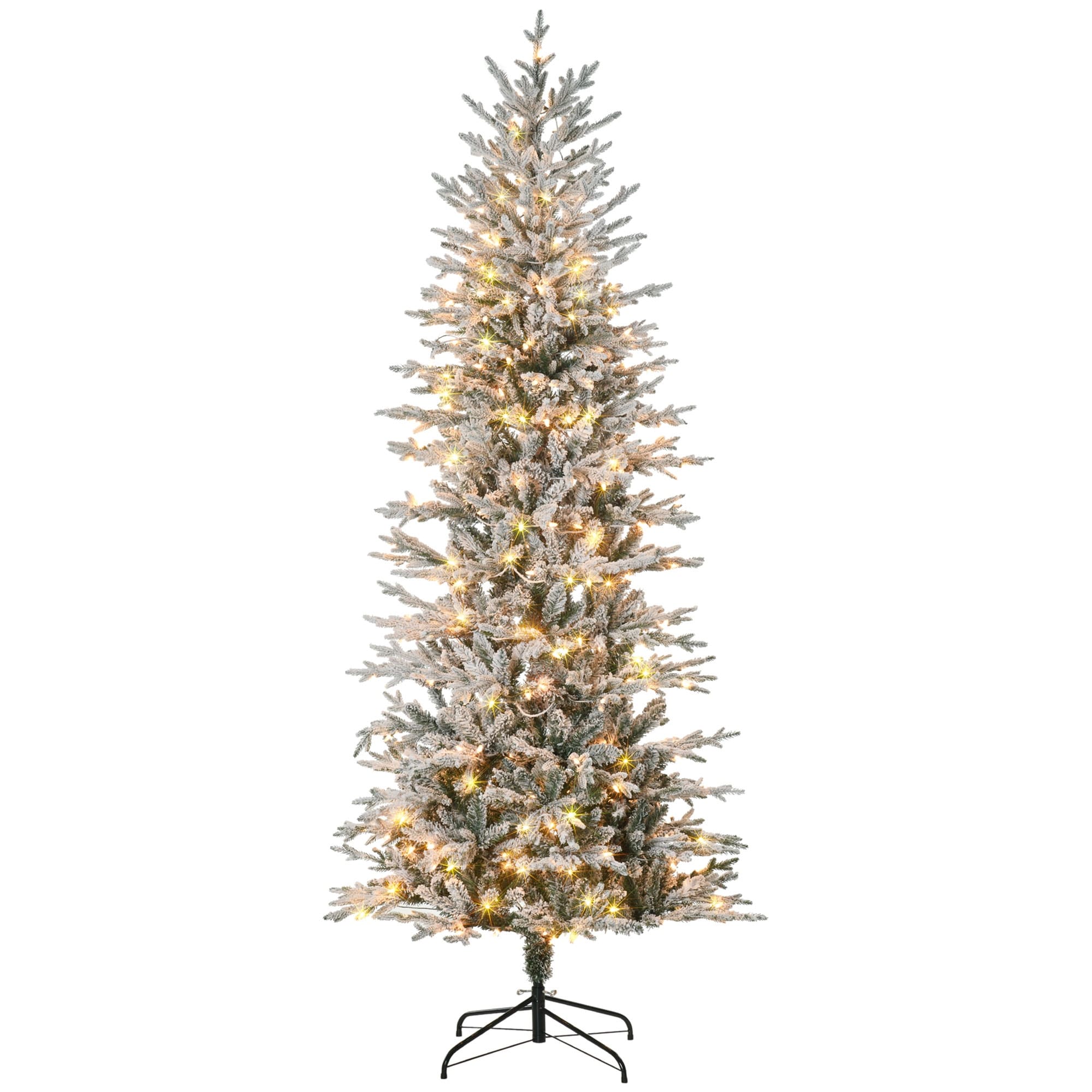 7.5ft Tall Prelit Artificial Christmas Tree Holiday Décor with 850 Snow Flocked Branches, 350 Warm Yellow Clear Lights - Green