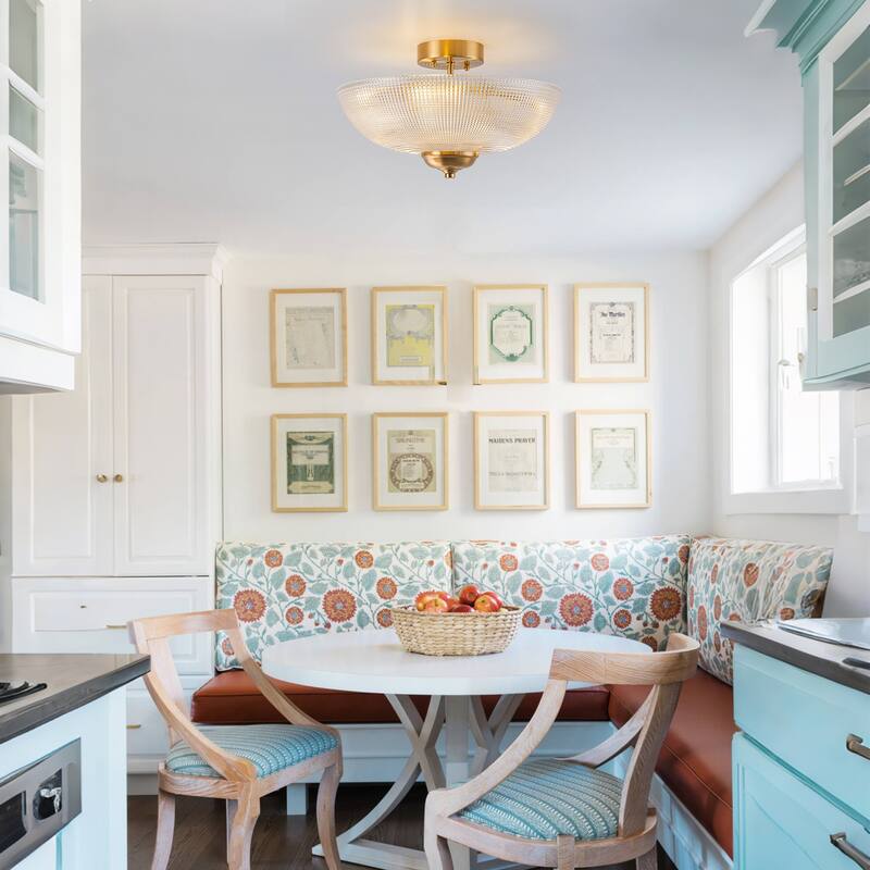 Industrial 3-Light Gold Semi Flush Mount Lights with Grid Textured Glass - Brass