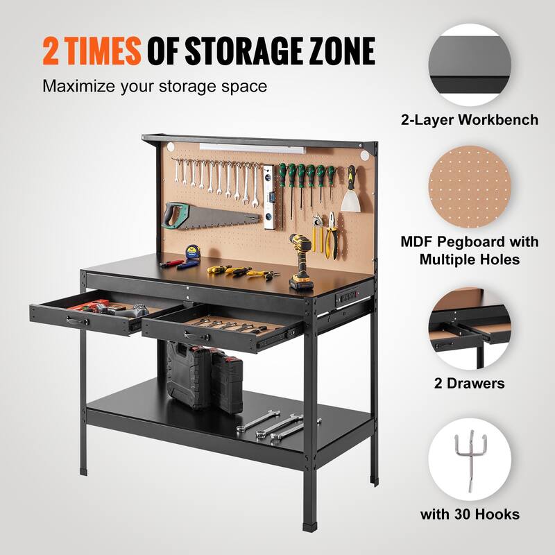 Workbench For Garage Oak Plank & Carbon Steel Heavy Duty Workbench