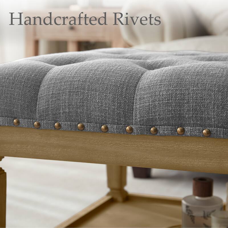 Tufted Upholstered Coffee Table Ottoman with Wooden Shelf, Fabric Bench for Living Room