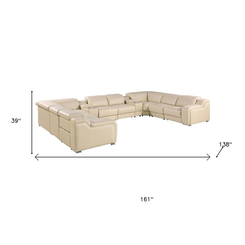 HomeRoots Beige Italian Leather Power Reclining U Shaped Ten Piece Corner Sectional With Console