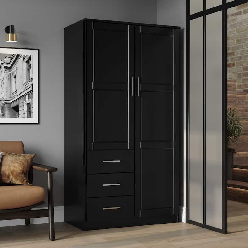 Palace Imports 100% Solid Wood Metro Wardrobe Armoire with Solid Wood or Mirrored Doors - Black-Raised Panel