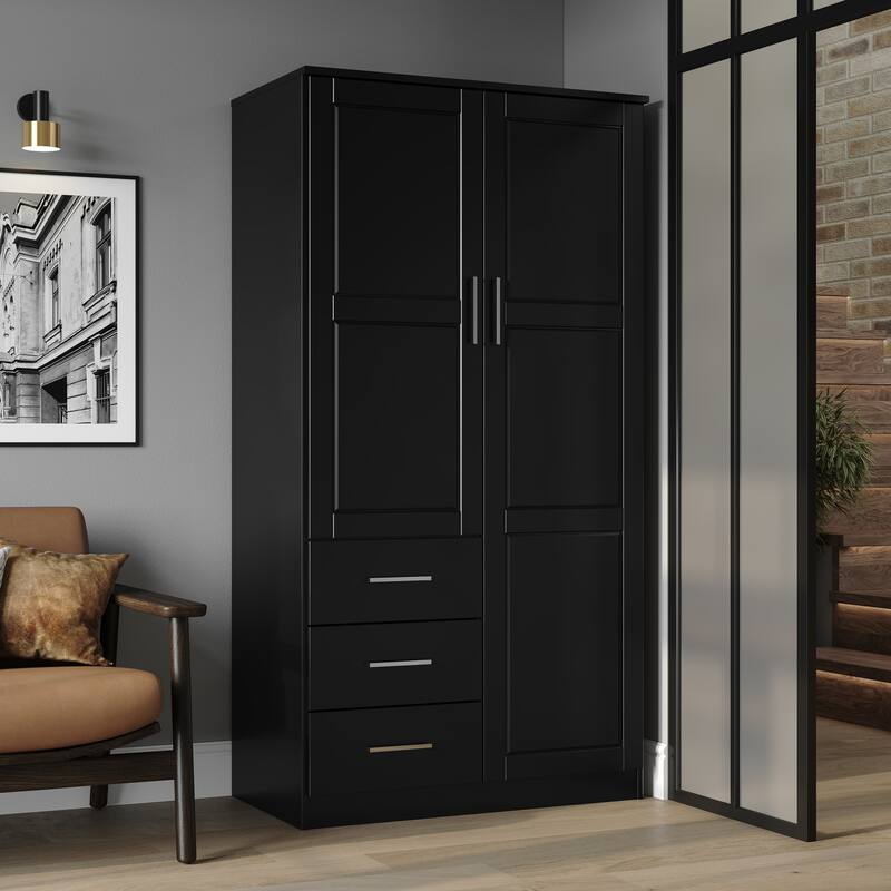 Palace Imports 100% Solid Wood Metro Wardrobe Armoire with Solid Wood or Mirrored Doors - Black-Raised Panel