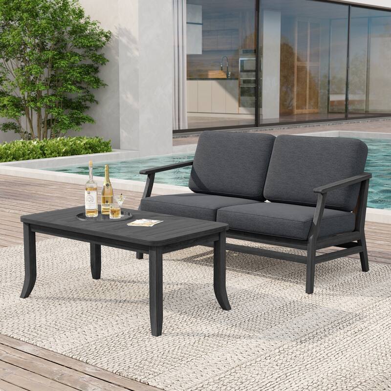 Teak Wood Patio Outdoor Loveseat Sofa and Coffee Table Set