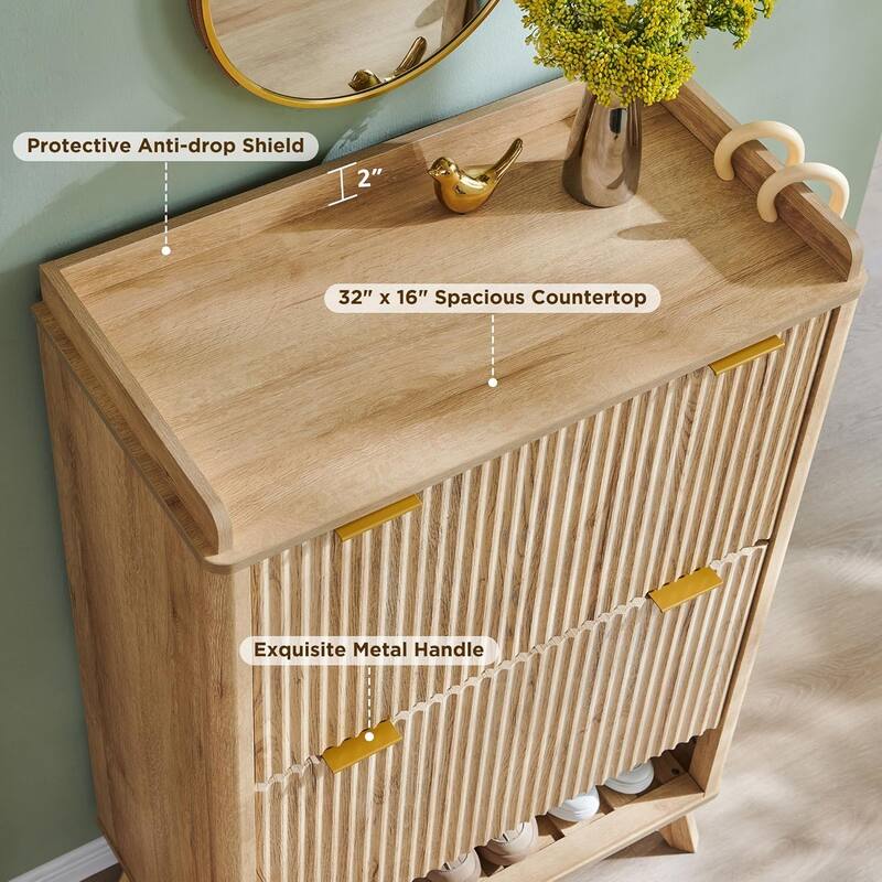 Fluted Shoe Storage Cabinet, Deep Shoe Organizer, Wooden Shoe Rack