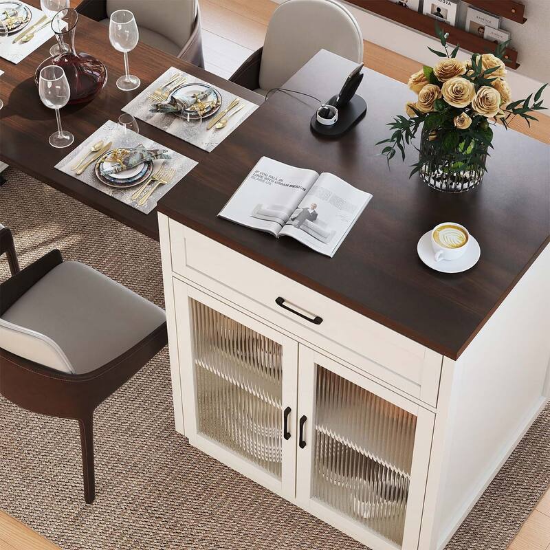 Extendable Dining Table with Tempered Glass Doors,Power Outlet