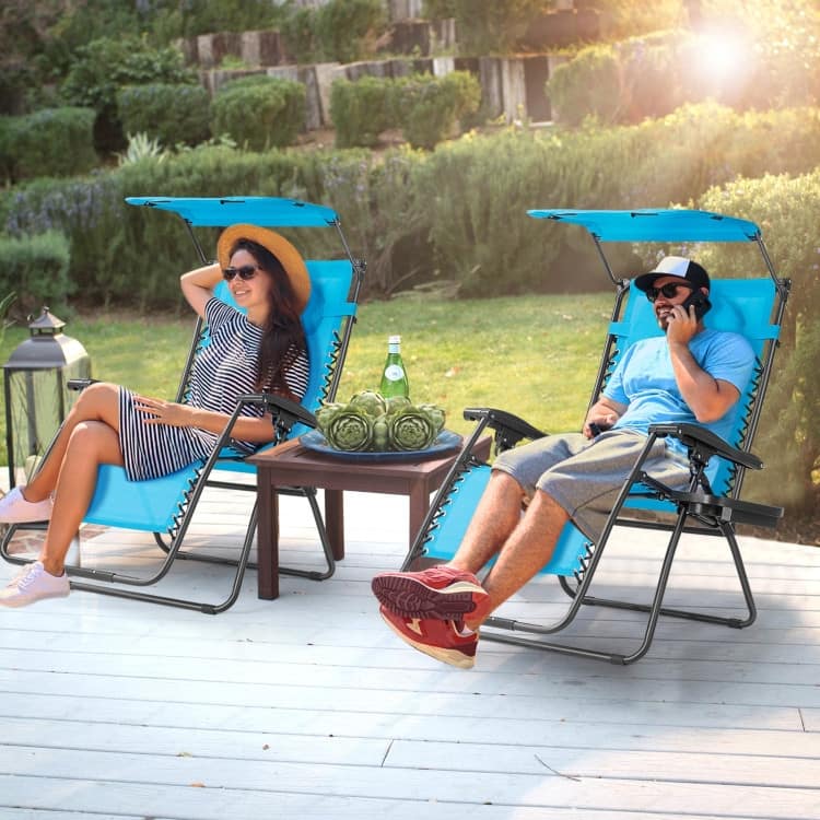 Folding Recliner Lounge Chair w/ Shade Canopy Cup Holder - Blue